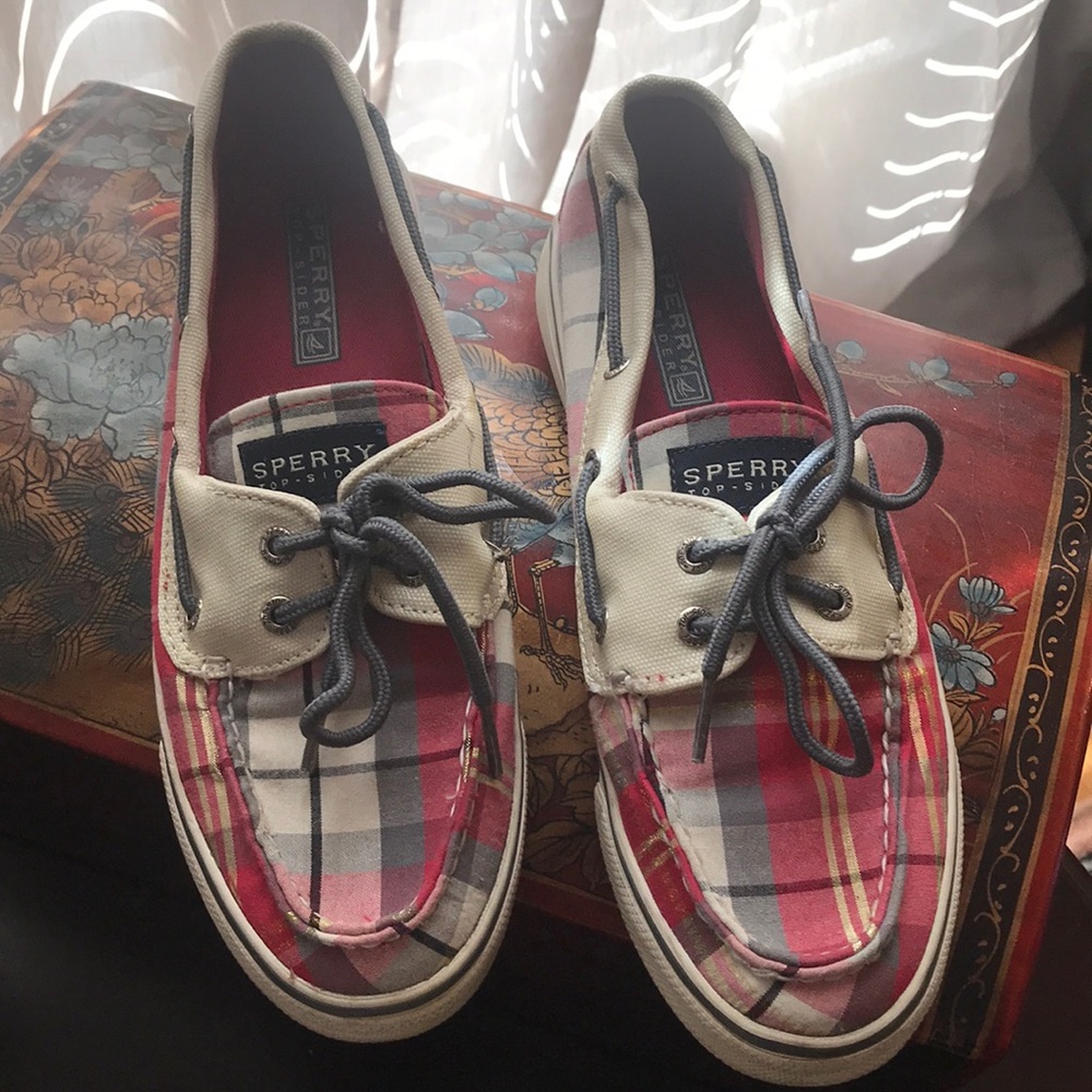 Pink and gold plaid sperry shoes